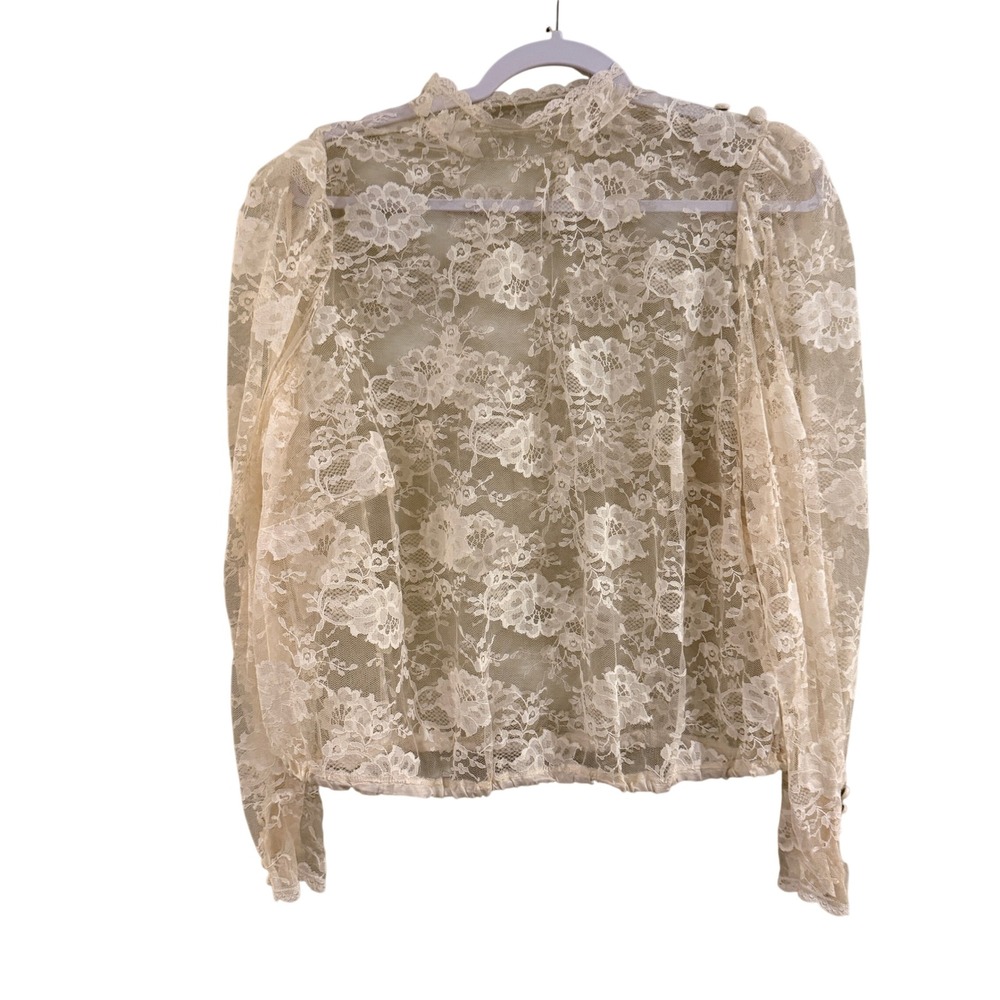 Vintage Lace Blouse Women XL Cream Floral Sheer Mock Neck Victorian Coquette